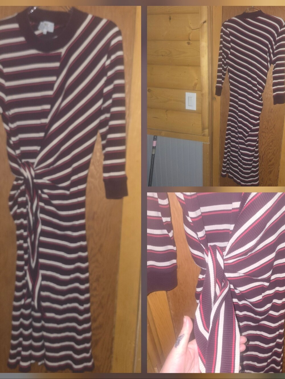 Kinly womens medium striped pink white burgundy turtleneck tie front maxi dress